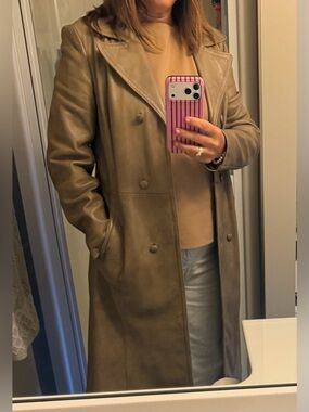 Vintage Marquis of London Leather Coat Tan Double Breasted Trench Made in Canada